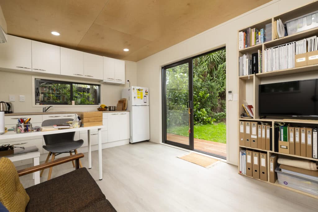 interior view showing kitchen, TV console and view from Jaylene's granny flat