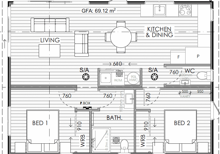 69sqm 9.6 x 7.2 Muriwai plan