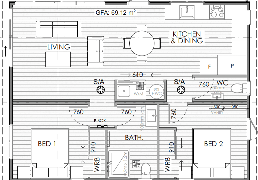 69sqm 9.6 x 7.2 Muriwai plan
